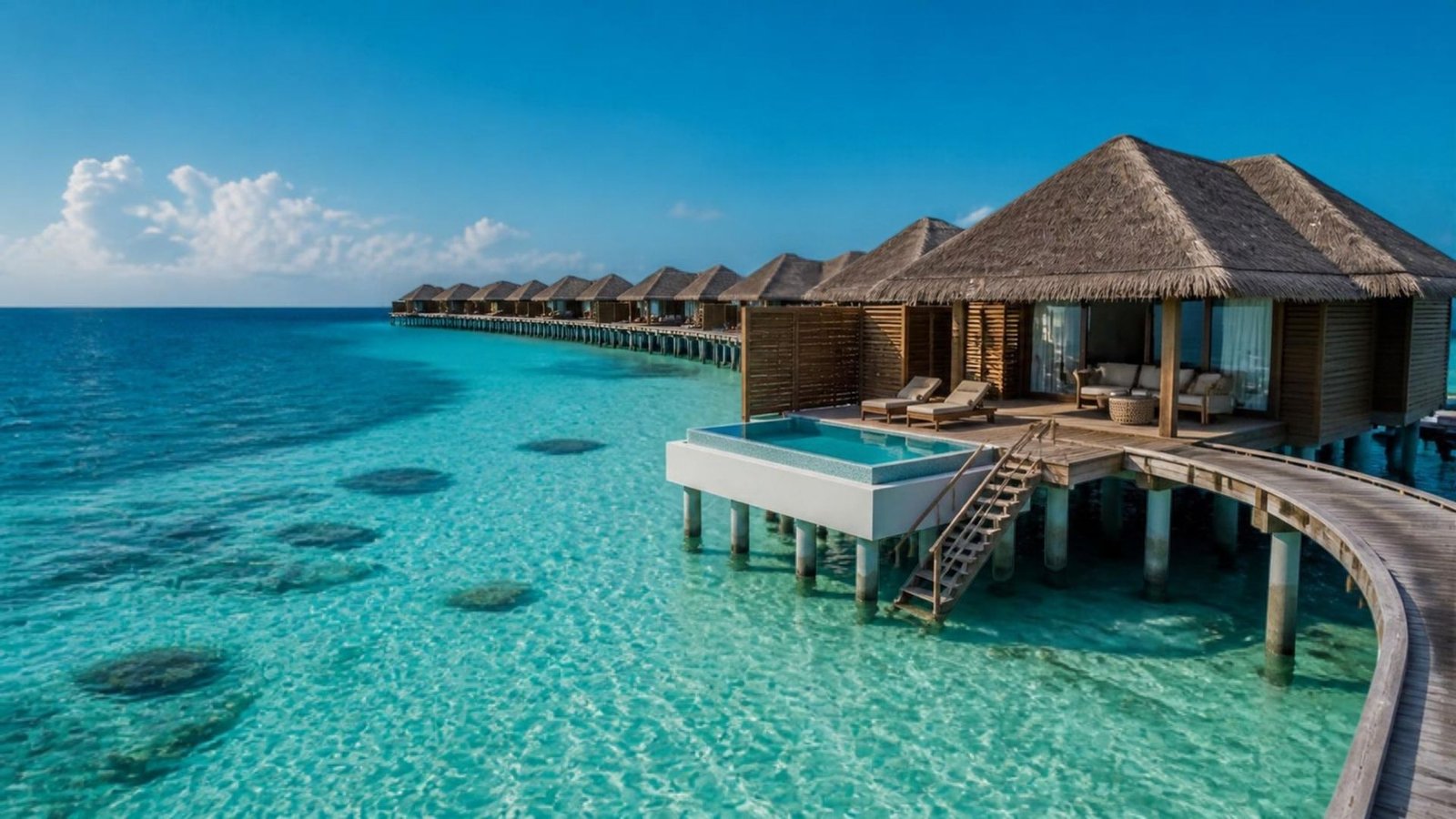 Overwater villas over a turquoise lagoon in the Maldives